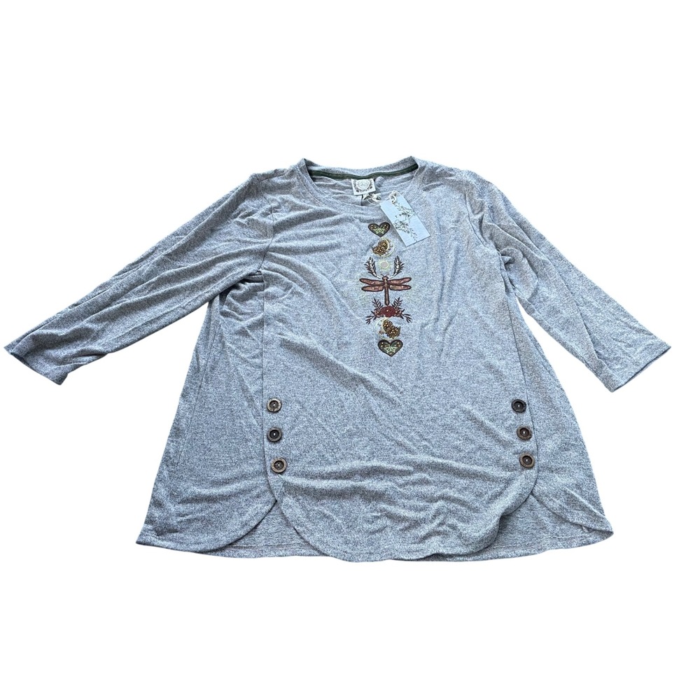 Tru Self Women XL Gray Embroidered Dragonfly Heart Tunic Top 3/4 Sleeve NWT
